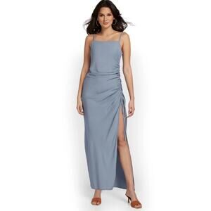 Emory Park Navy Blue Satin Square Neck Ruched Side Maxi Dress SZ XL